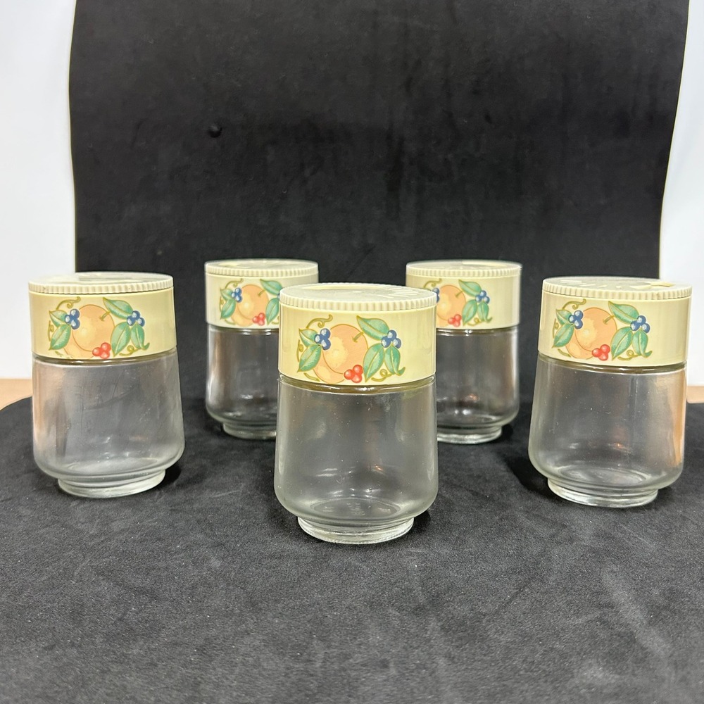 Vintage Gemco 5 Piece Glass Spice Jar Set Fruit Motif Acrylic Wall Rack USA